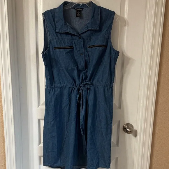 Sleeveless Chambray Dress with Drawstring Waist - Picture 1 of 3